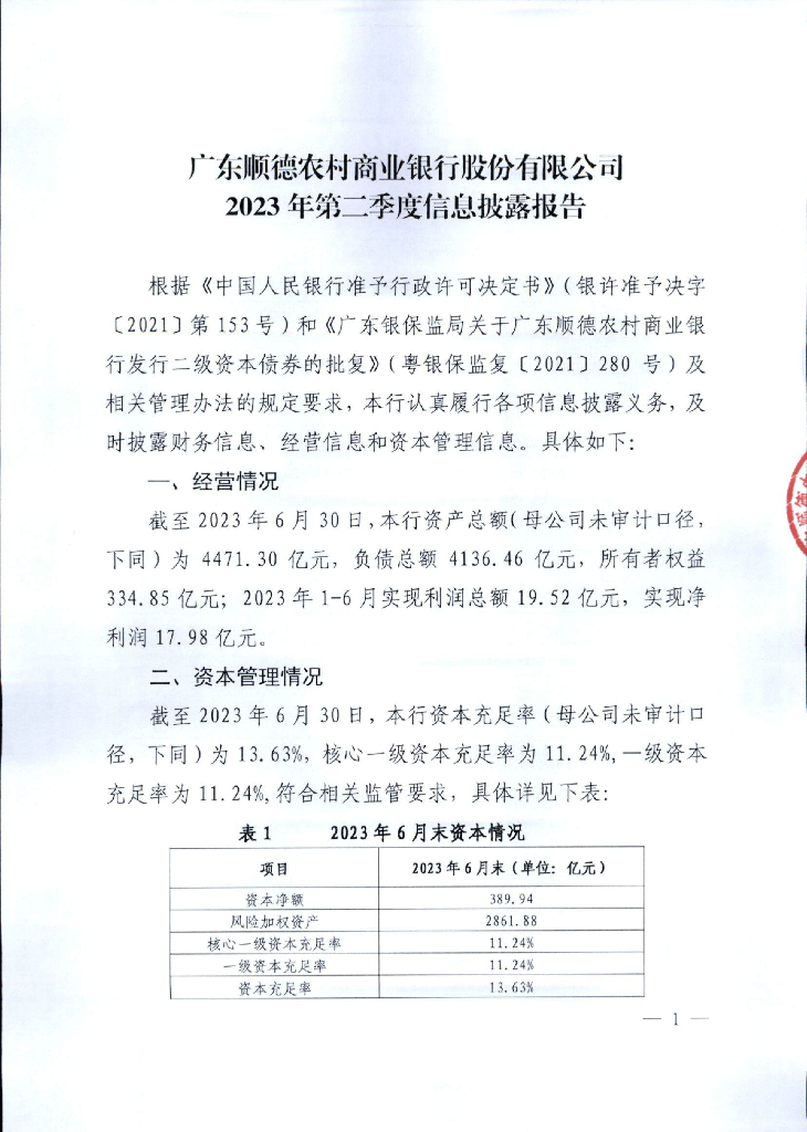 广东顺德农村商业银行股份有限公司2023年第二季度信息披露报告