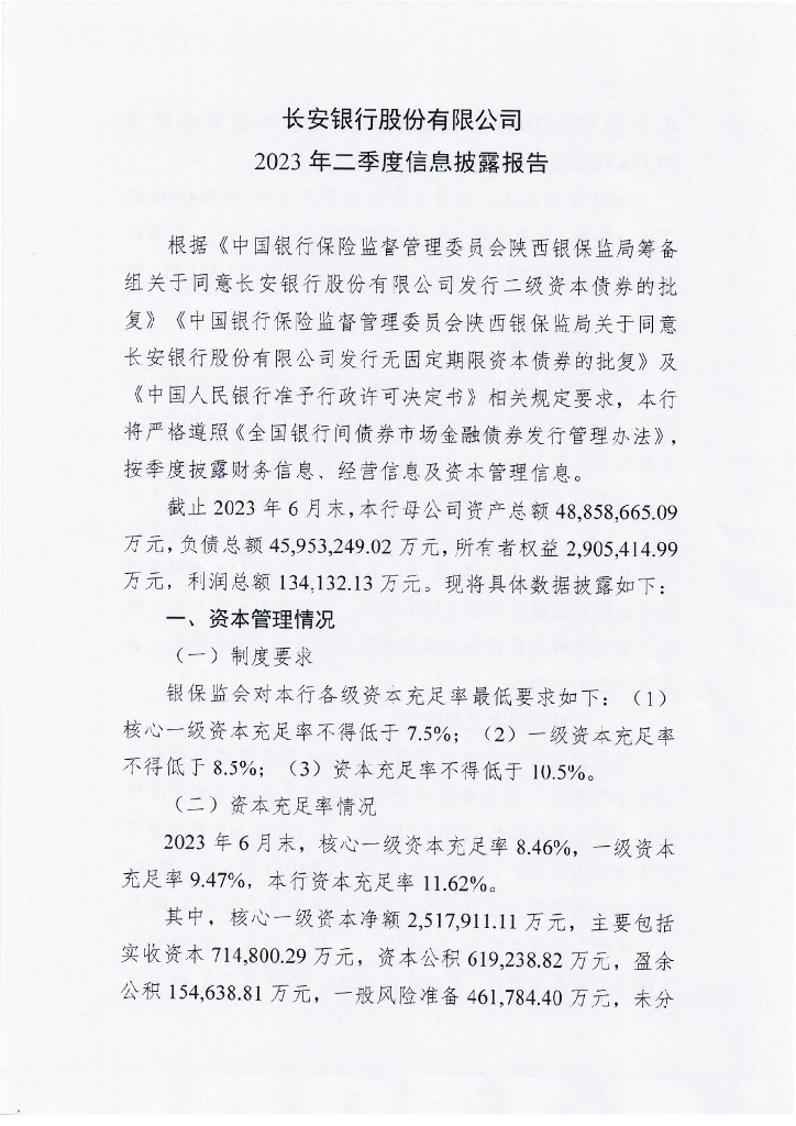 长安银行股份有限公司2023年二季度信息披露报告