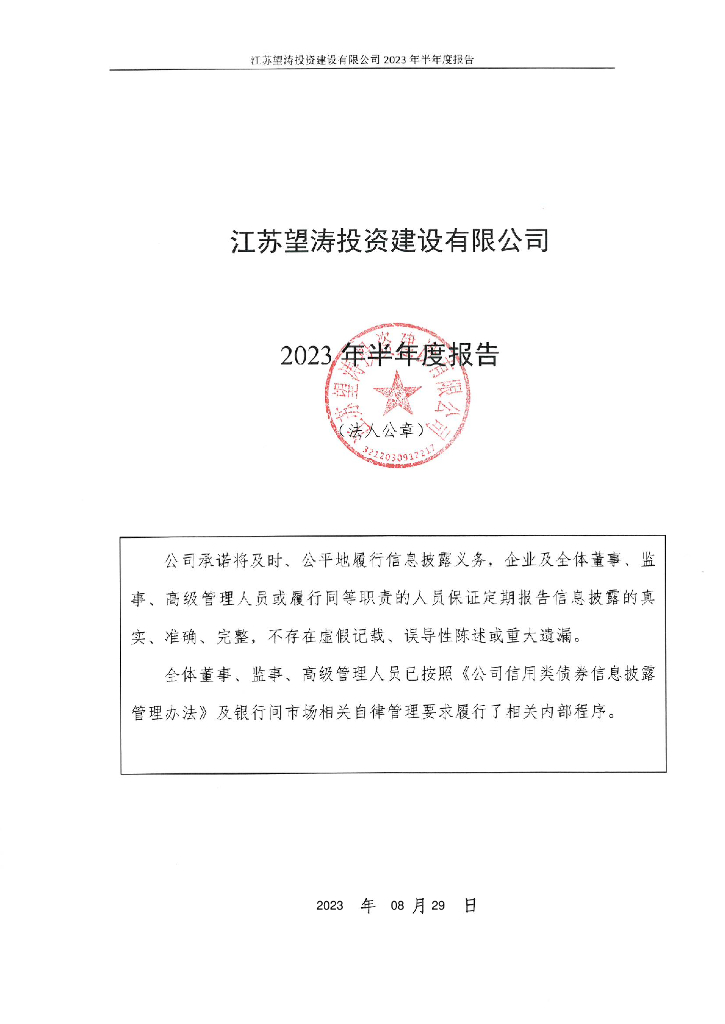 江苏望涛投资建设有限公司2023年半年度报告