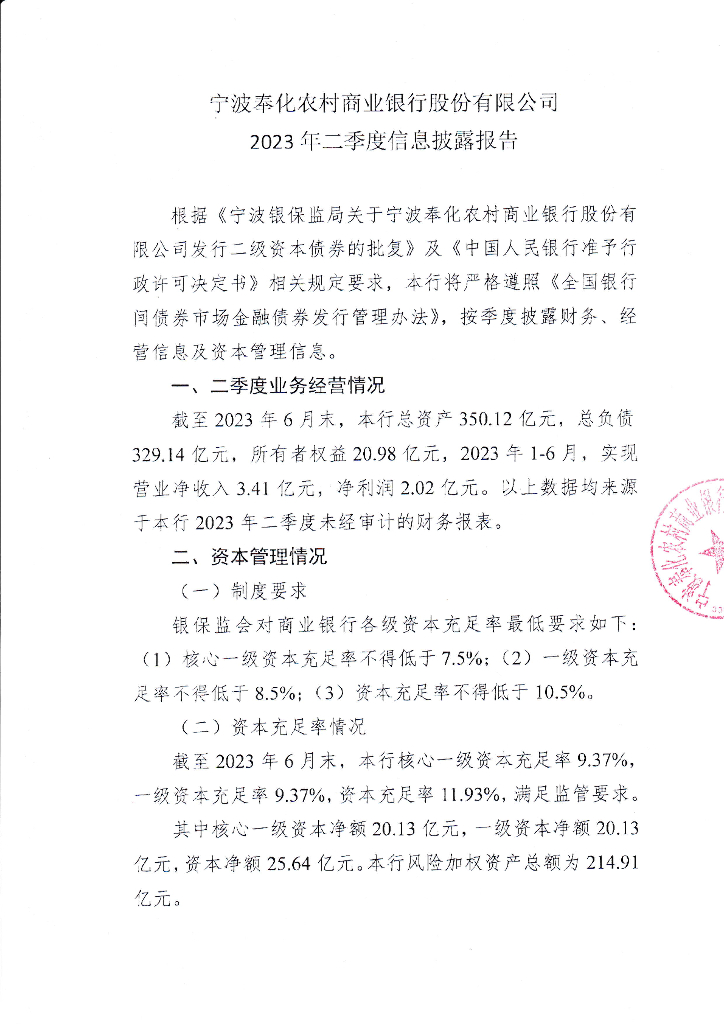 宁波奉化农村商业银行股份有限公司2023年二季度信息披露报告