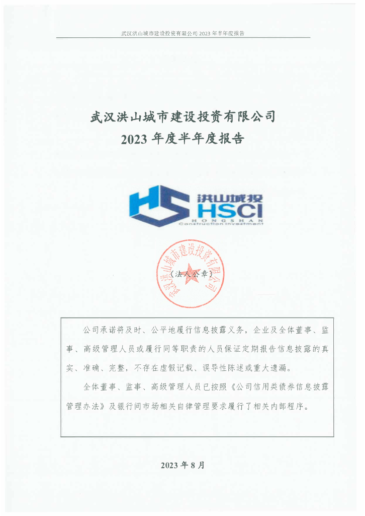 武汉洪山城市建设投资有限公司2023年半年度报告