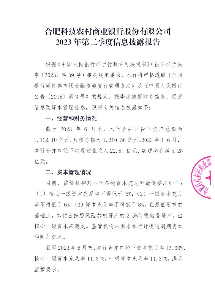 合肥科技农村商业银行股份有限公司2023年第二季度信息披露报告