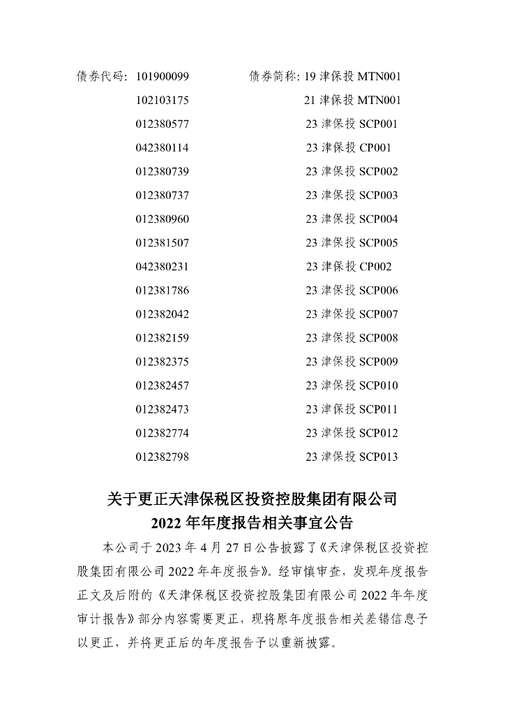 关于更正天津保税区投资控股集团有限公司2022年年度报告相关事宜公告及更正后年度报告