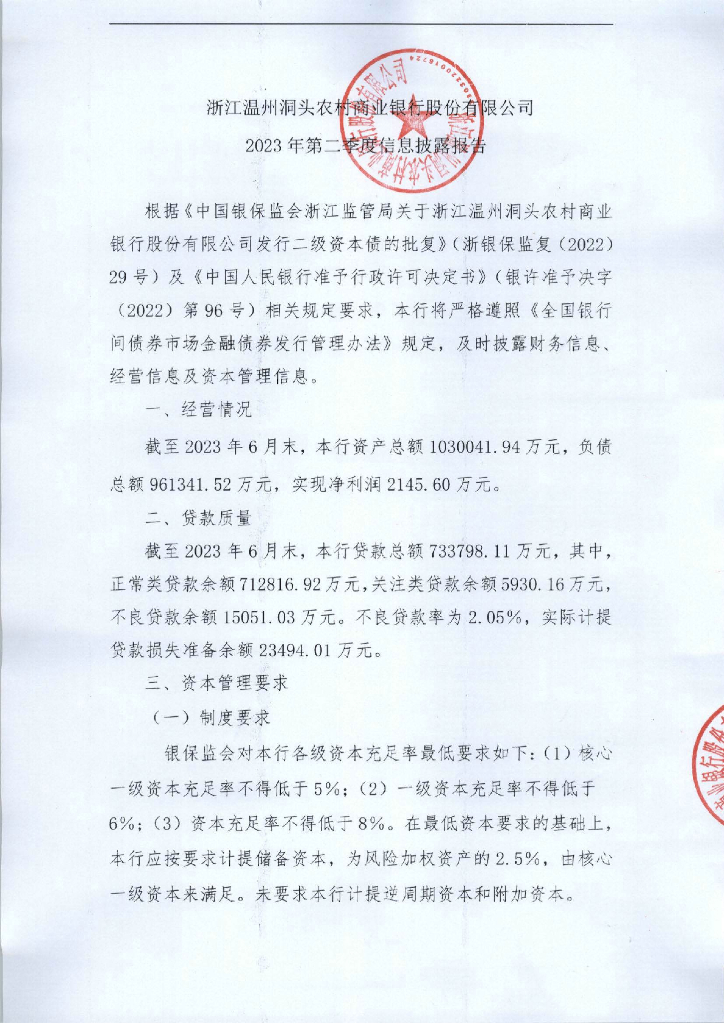 浙江温州洞头农村商业银行股份有限公司2023年第二季度信息披露报告