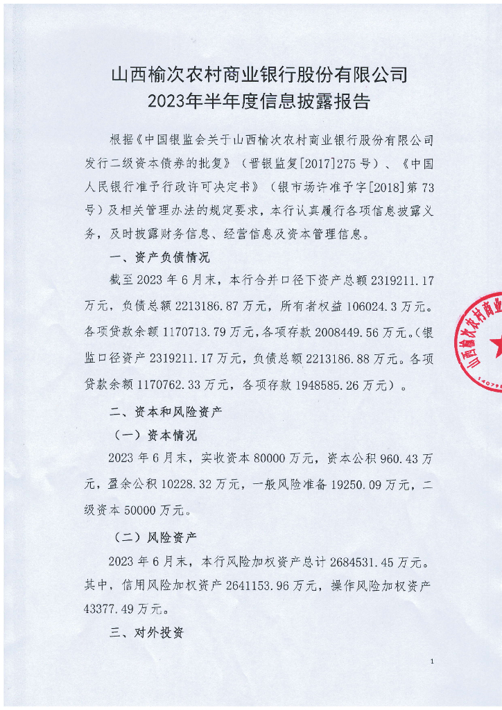 山西榆次农村商业银行股份有限公司2023年半年度信息披露报告