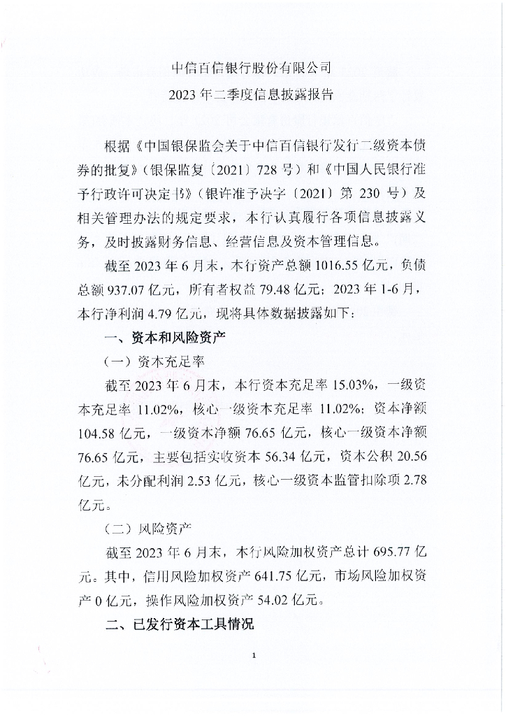 中信百信银行股份有限公司2023年二季度信息披露报告
