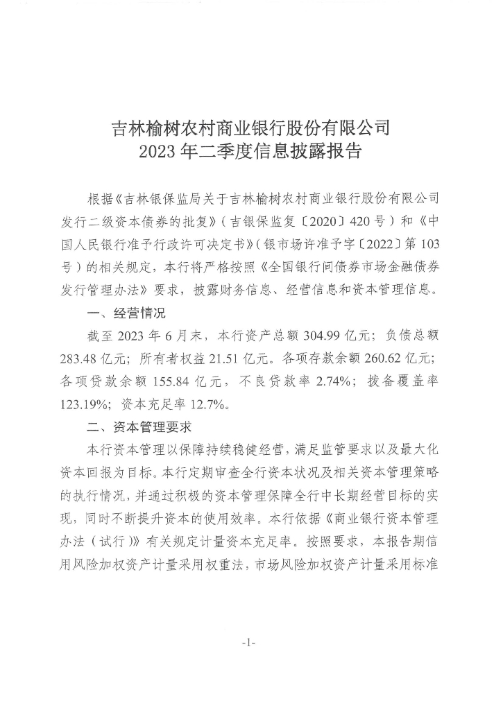 吉林榆树农村商业银行股份有限公司2023年二季度信息披露报告