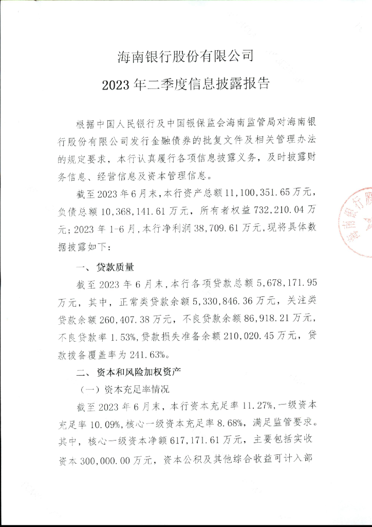 海南银行股份有限公司2023年二季度信息披露报告