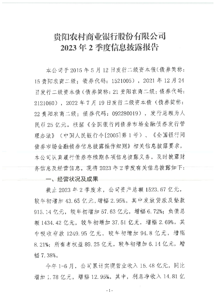 贵阳农村商业银行股份有限公司2023年2季度信息披露报告