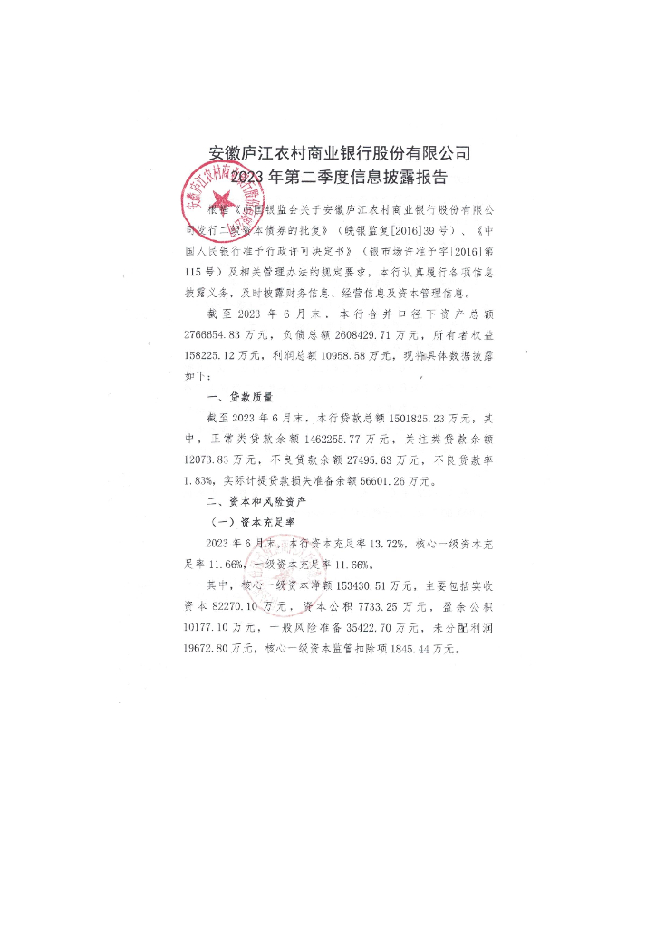 安徽庐江农村商业银行股份有限公司2023年第二季度信息披露报告
