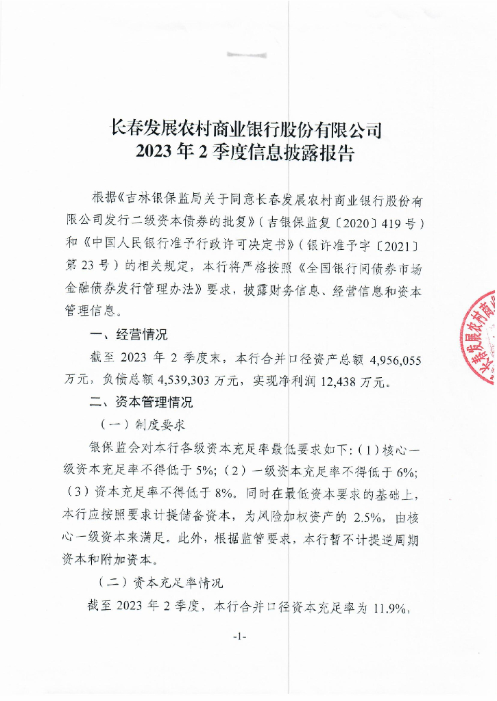 长春发展农村商业银行股份有限公司2023年2季度信息披露报告