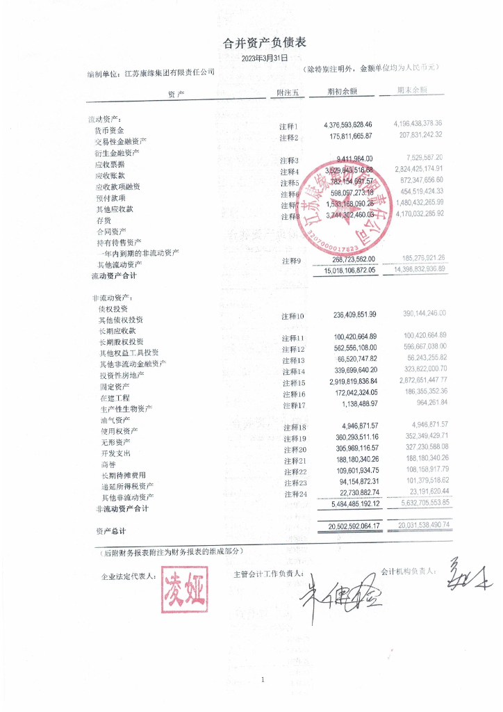 江苏康缘集团有限责任公司2023年一季度合并及母公司财务报表