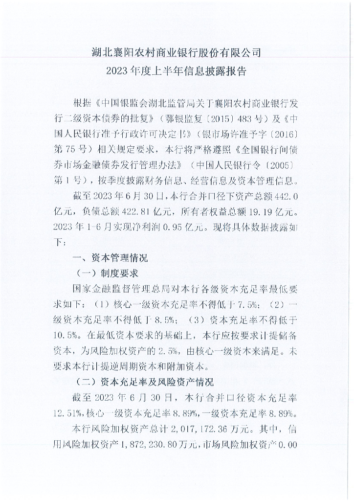 湖北襄阳农村商业银行股份有限公司2023年度上半年信息披露报告