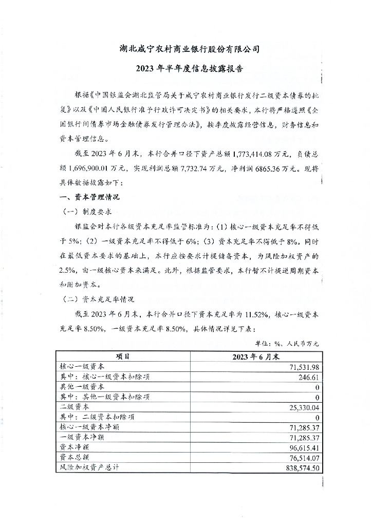 湖北咸宁农村商业银行股份有限公司2023年半年度信息披露报告