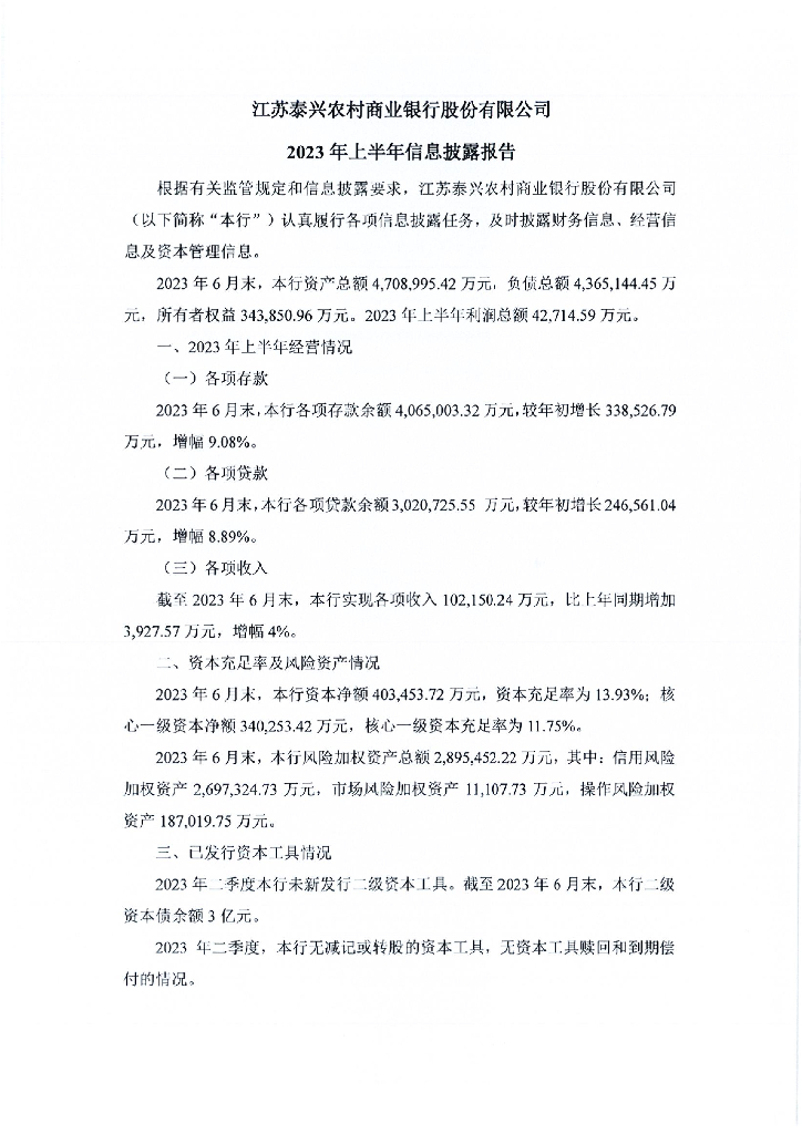 江苏泰兴农村商业银行股份有限公司2023年上半年信息披露报告