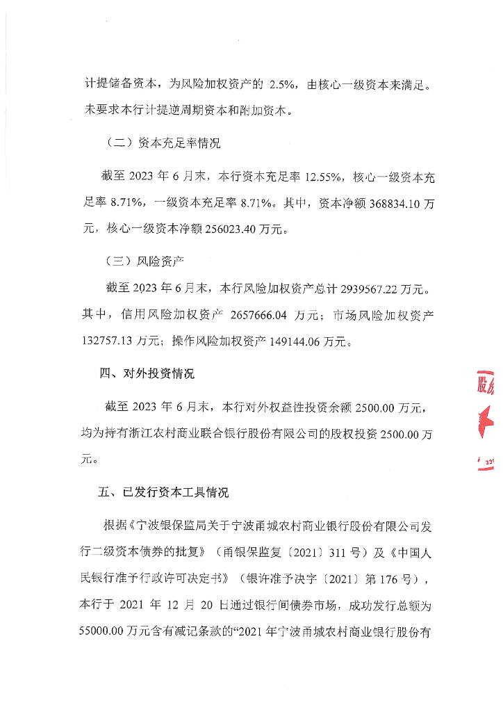 宁波甬城农村商业银行股份有限公司2023年上半年信息披露报告