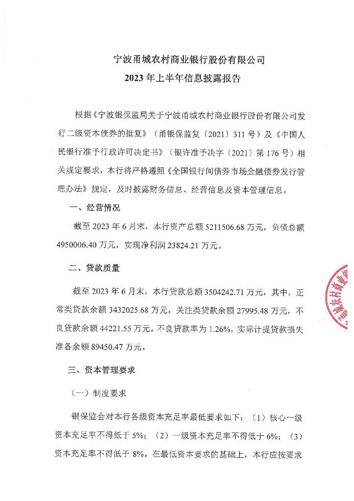 宁波甬城农村商业银行股份有限公司2023年上半年信息披露报告