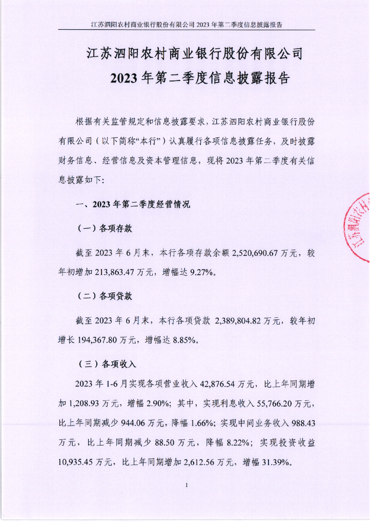 江苏泗阳农村商业银行股份有限公司2023年第二季度信息披露报告