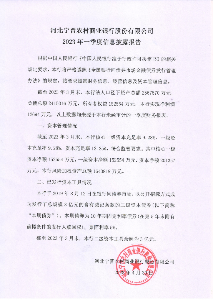 河北宁晋农村商业银行股份有限公司2023年一季度信息披露报告
