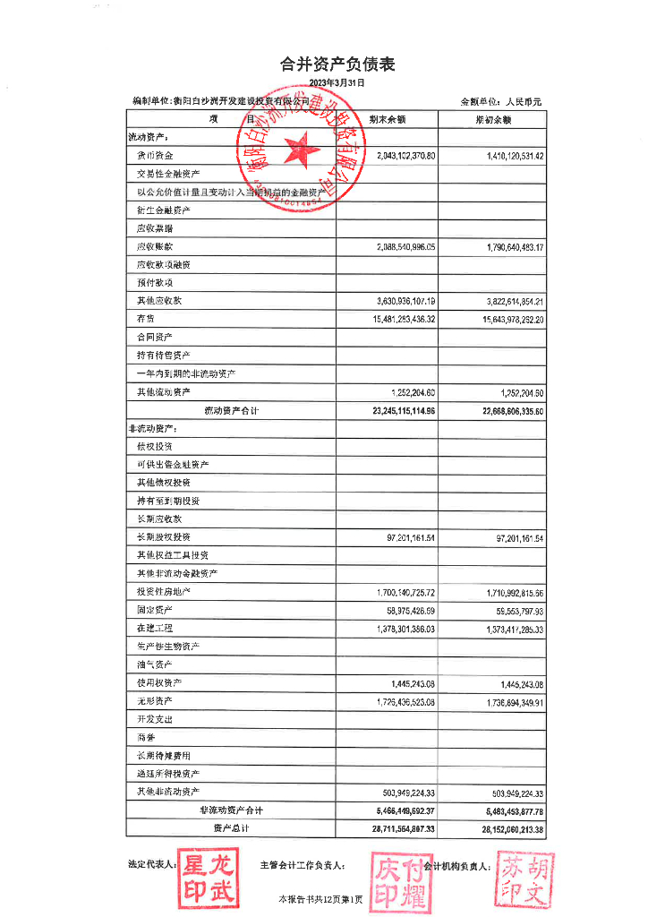 衡阳白沙洲开发建设投资有限公司2023年1-3月财务报表