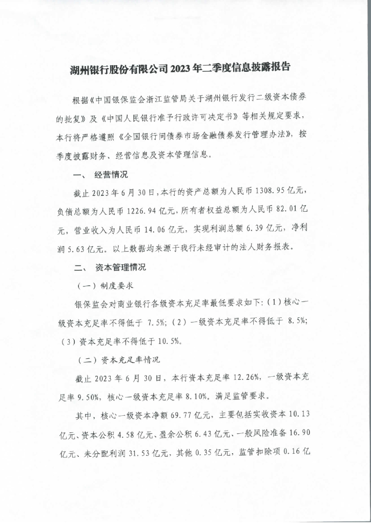 湖州银行股份有限公司2023年二季度信息披露报告