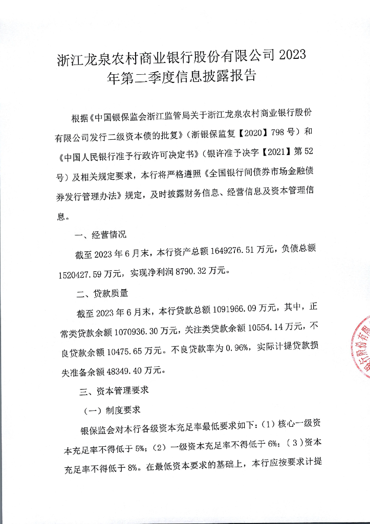 浙江龙泉农村商业银行股份有限公司2023年第2季度信息披露