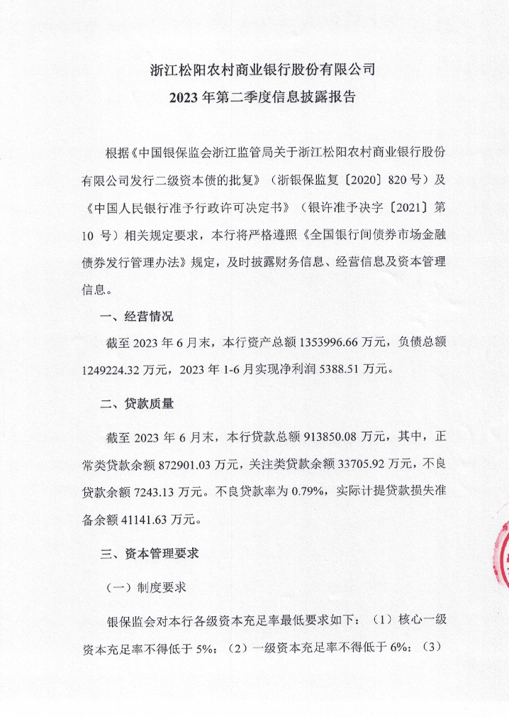 浙江松阳农村商业银行股份有限公司2023年第2季度信息披露报告