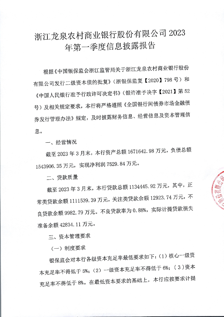 浙江龙泉农村商业银行股份有限公司2023年第1季度信息披露