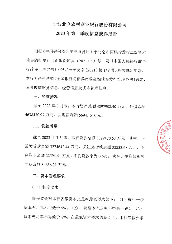 宁波北仑农村商业银行股份有限公司2023年第一季度信息披露报告