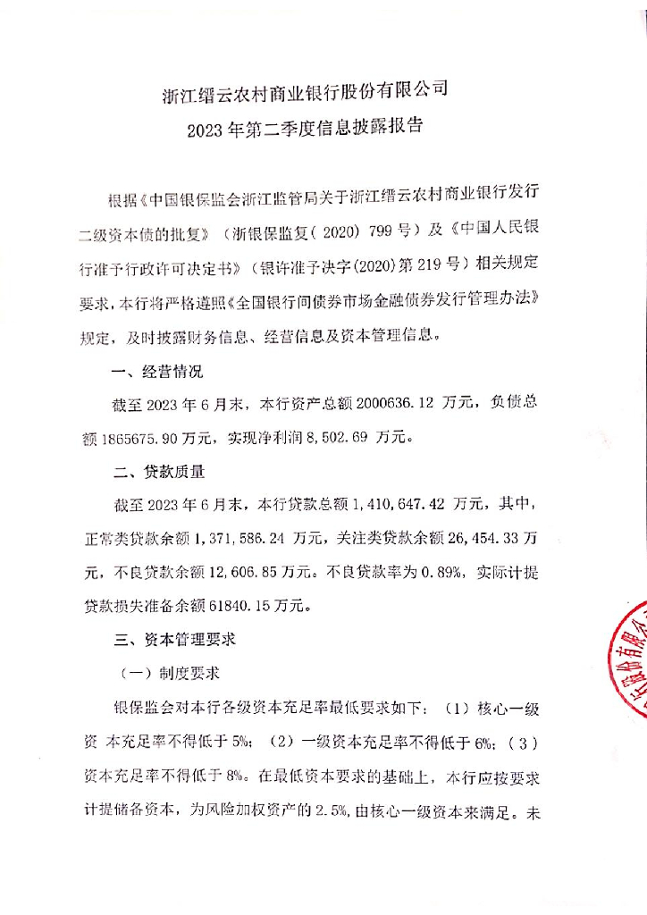 浙江缙云农村商业银行股份有限公司2023年第二季度信息披露报告