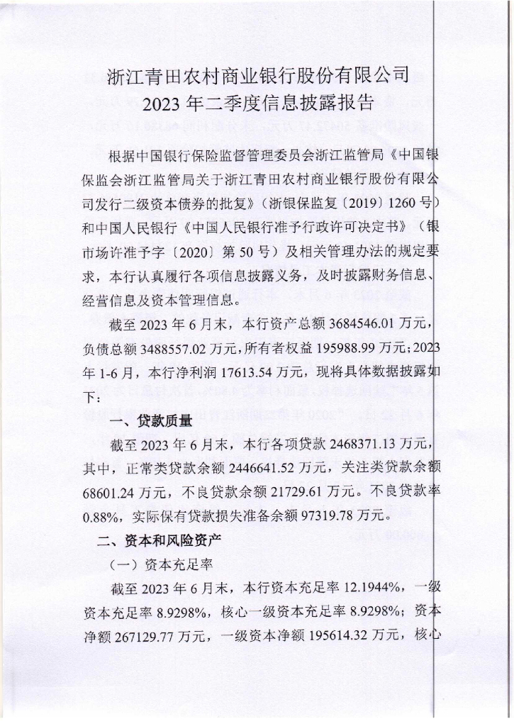 浙江青田农村商业银行股份有限公司2023年二季度披露报告