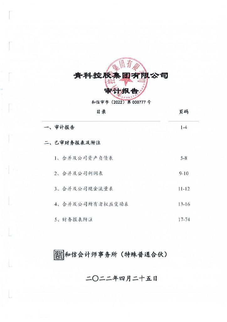 青科控股集团有限公司2021年度经审计的合并及母公司财务报告