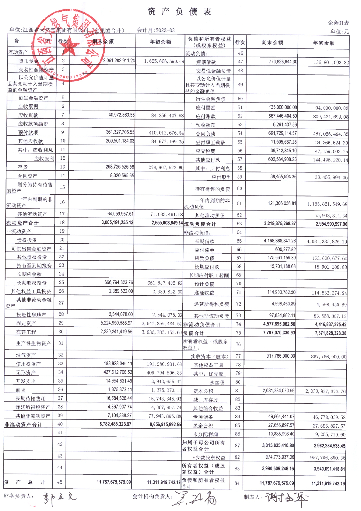 江西省天然气集团有限公司2023年一季度合并及母公司财务报表