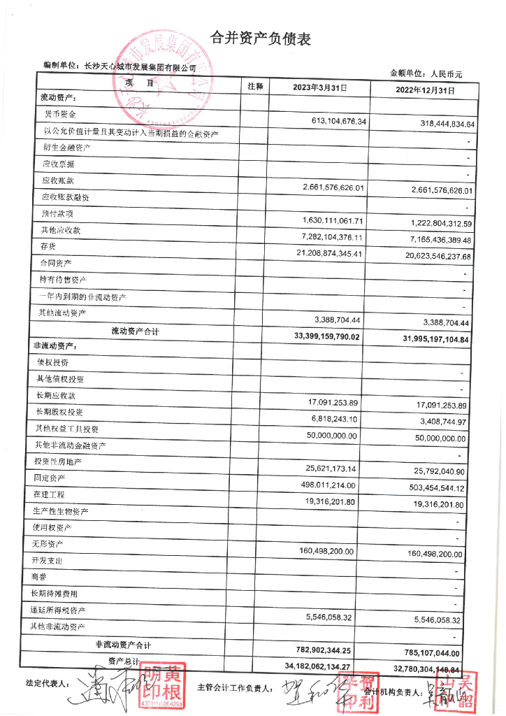 长沙天心城市发展集团有限公司2023年一季度合并及母公司财务报表