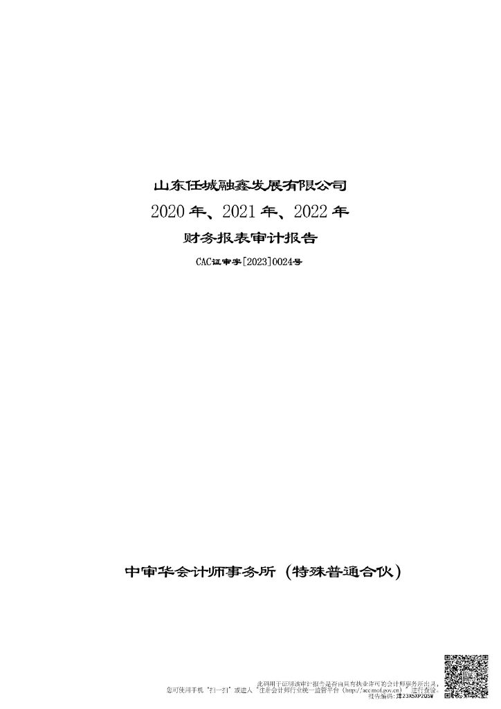 山东任城融鑫发展有限公司2020-2022年财务报表审计报告
