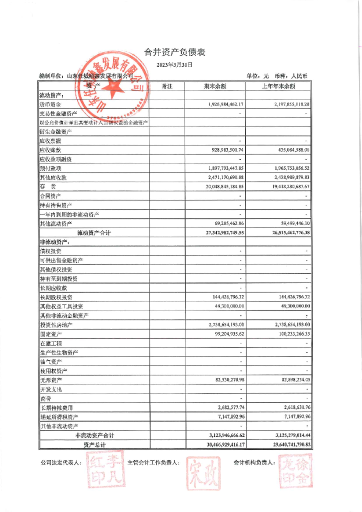 山东任城融鑫发展有限公司2023年1季度报表
