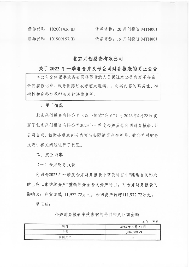 北京兴创投资有限公司关于2023年一季度合并及母公司财务报表的更正公告及更正文件
