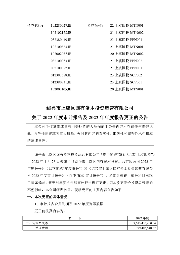 绍兴市上虞区国有资本投资运营有限公司关于2022年度审计报告及2022年年度报告的更正公告及更正后文件