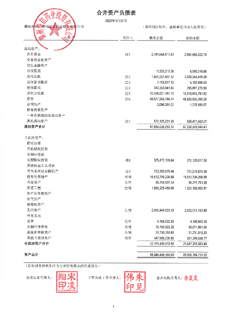 泰州华信药业投资有限公司2023年一季度合并及本部财务报表
