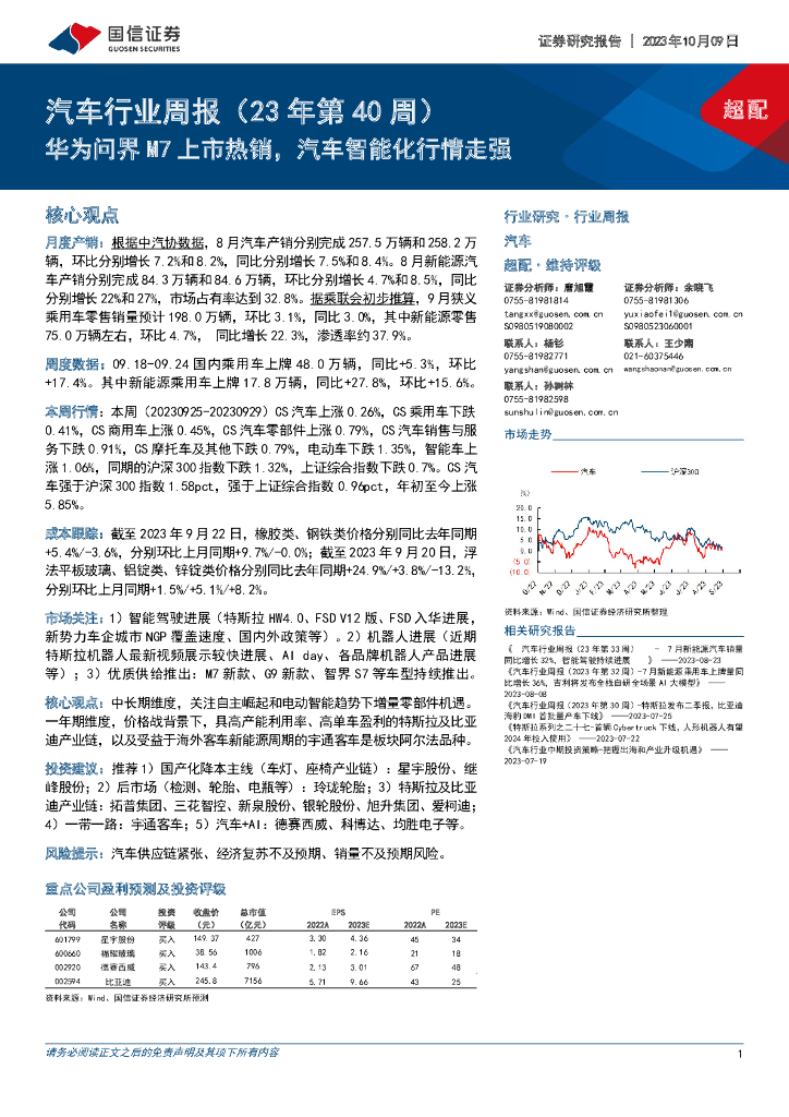 国信证券：汽车行业周报（23年第40周）：华为问界M7上市热销，汽车智能化行情走强