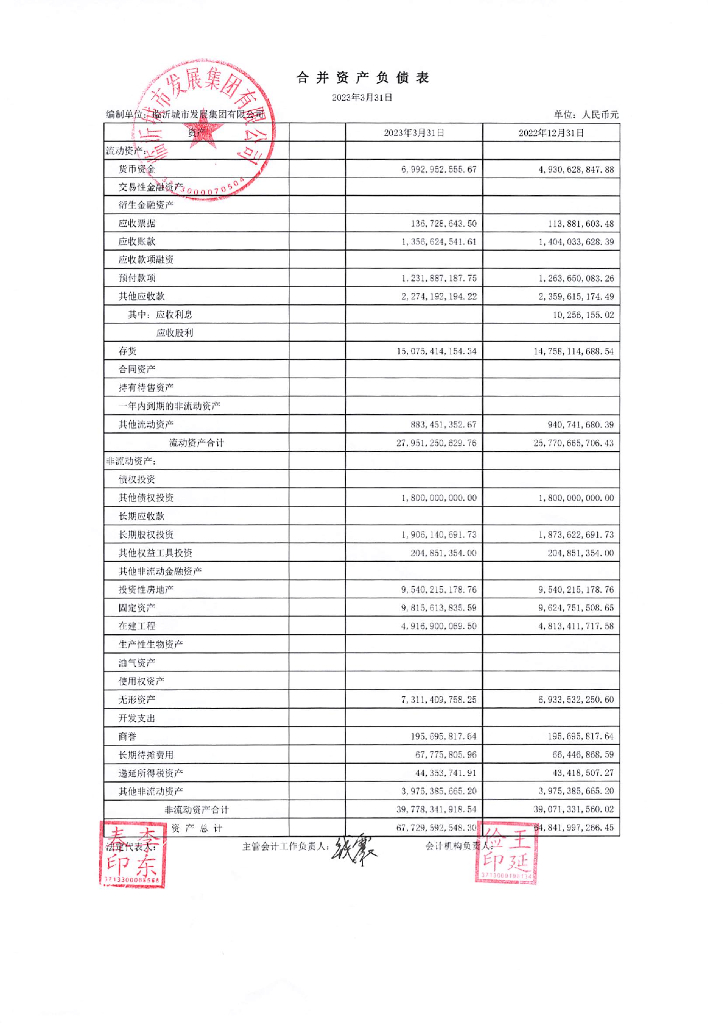 临沂城市发展集团有限公司2023年一季度财务报表