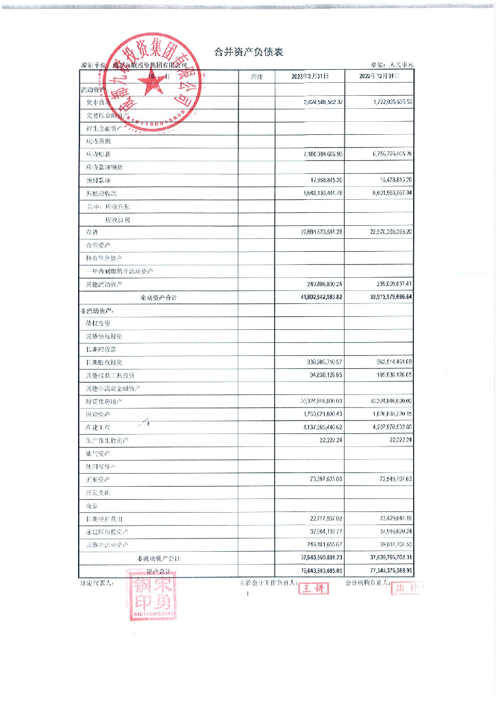 成都九联投资集团有限公司2023年一季度合并及母公司财务报表