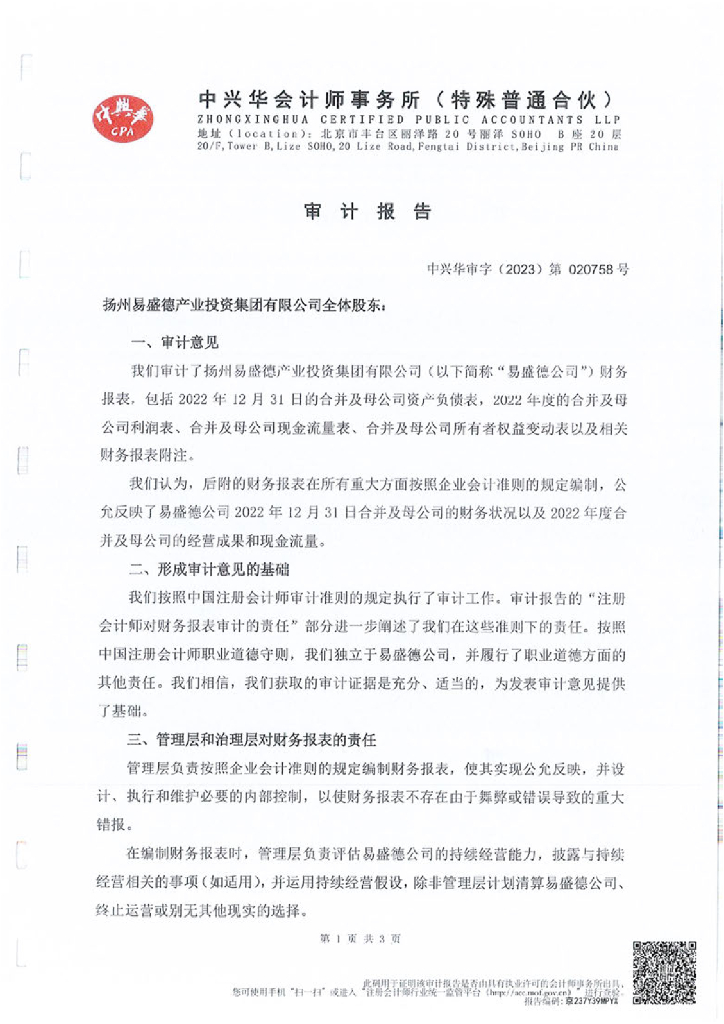 扬州易盛德产业投资集团有限公司2022年度审计报告