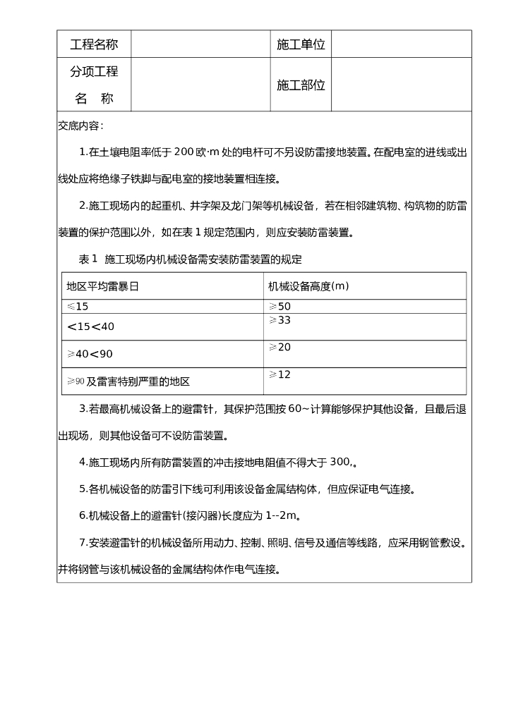 施工现场防雷安全技术交底