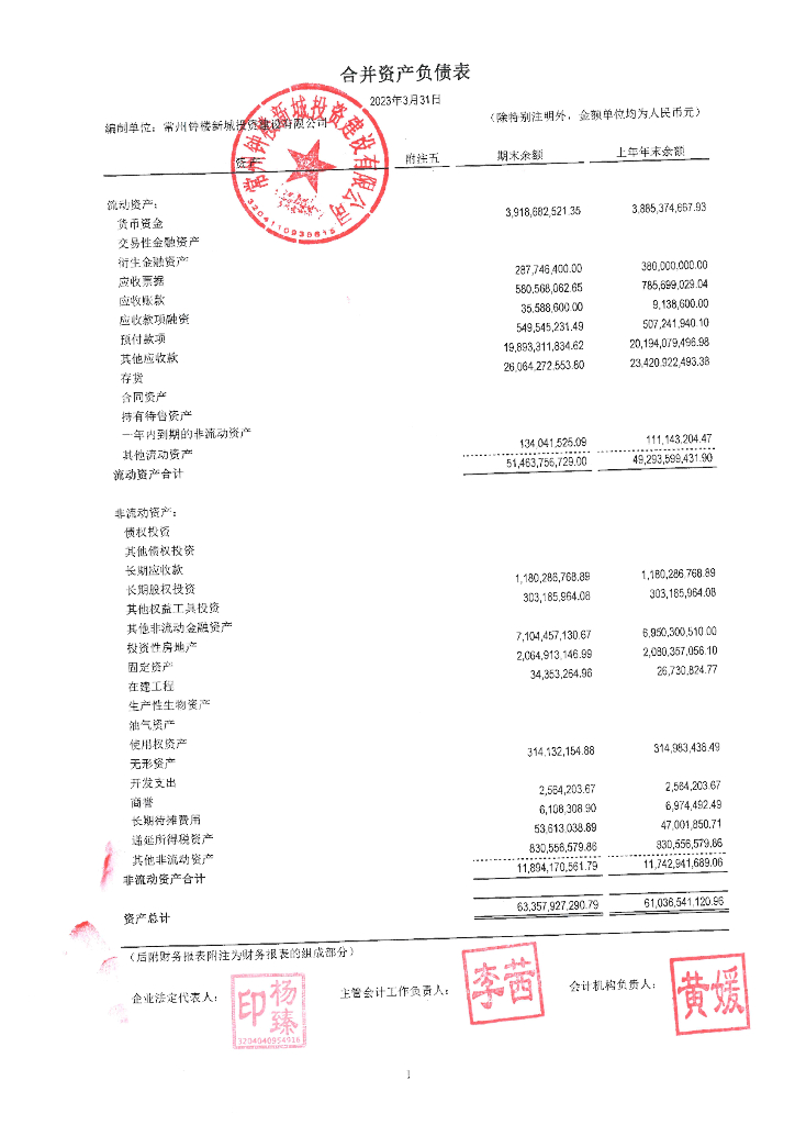 常州钟楼新城投资建设有限公司2023年第一季度财务报表