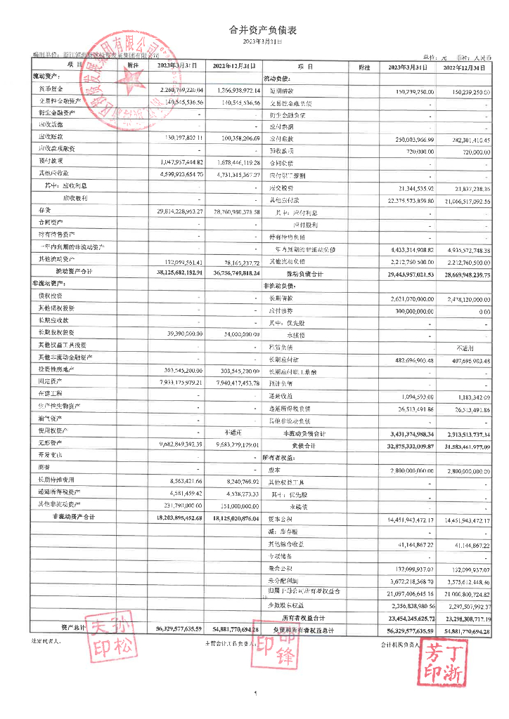 浙江滨海新区投资发展集团有限公司2023年一季度财务报表