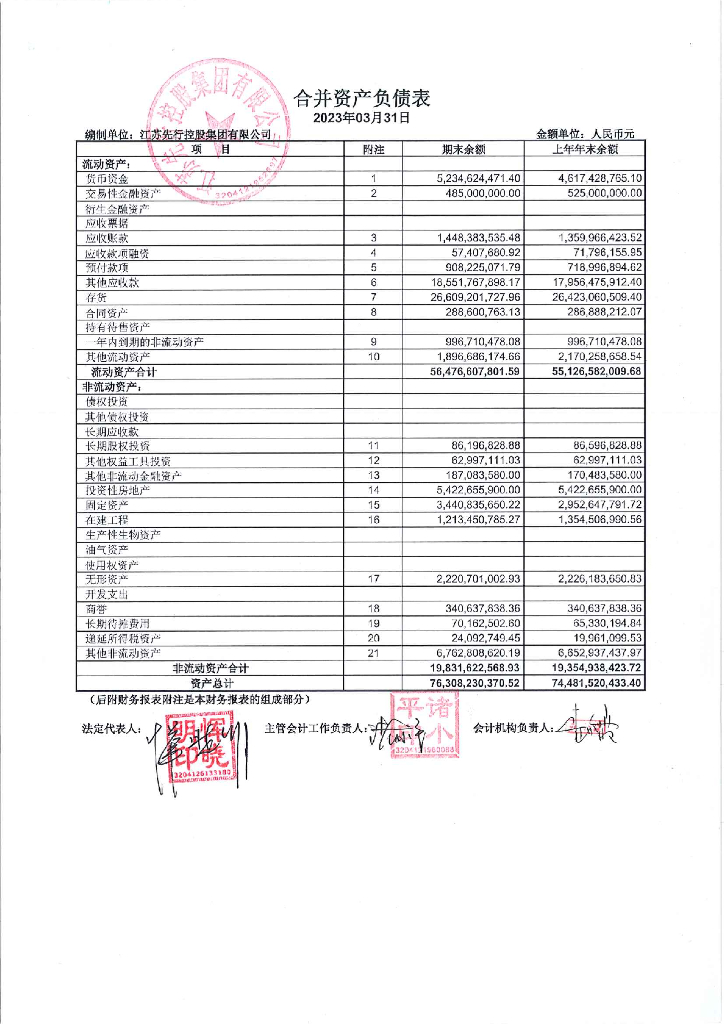 江苏先行控股集团有限公司2023年第一季度财务报表