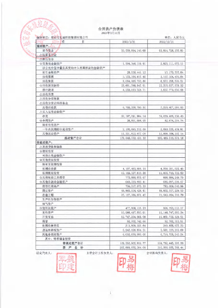 保定市长城控股集团有限公司2023年一季度财务报表