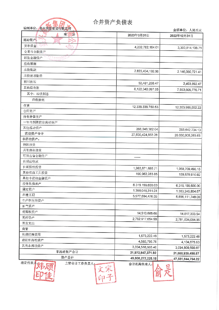 嘉兴高新集团有限公司2023年一季度财务报表