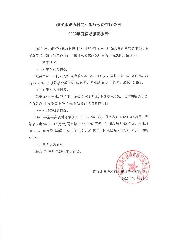 浙江永嘉农村商业银行股份有限公司2022年年度报告